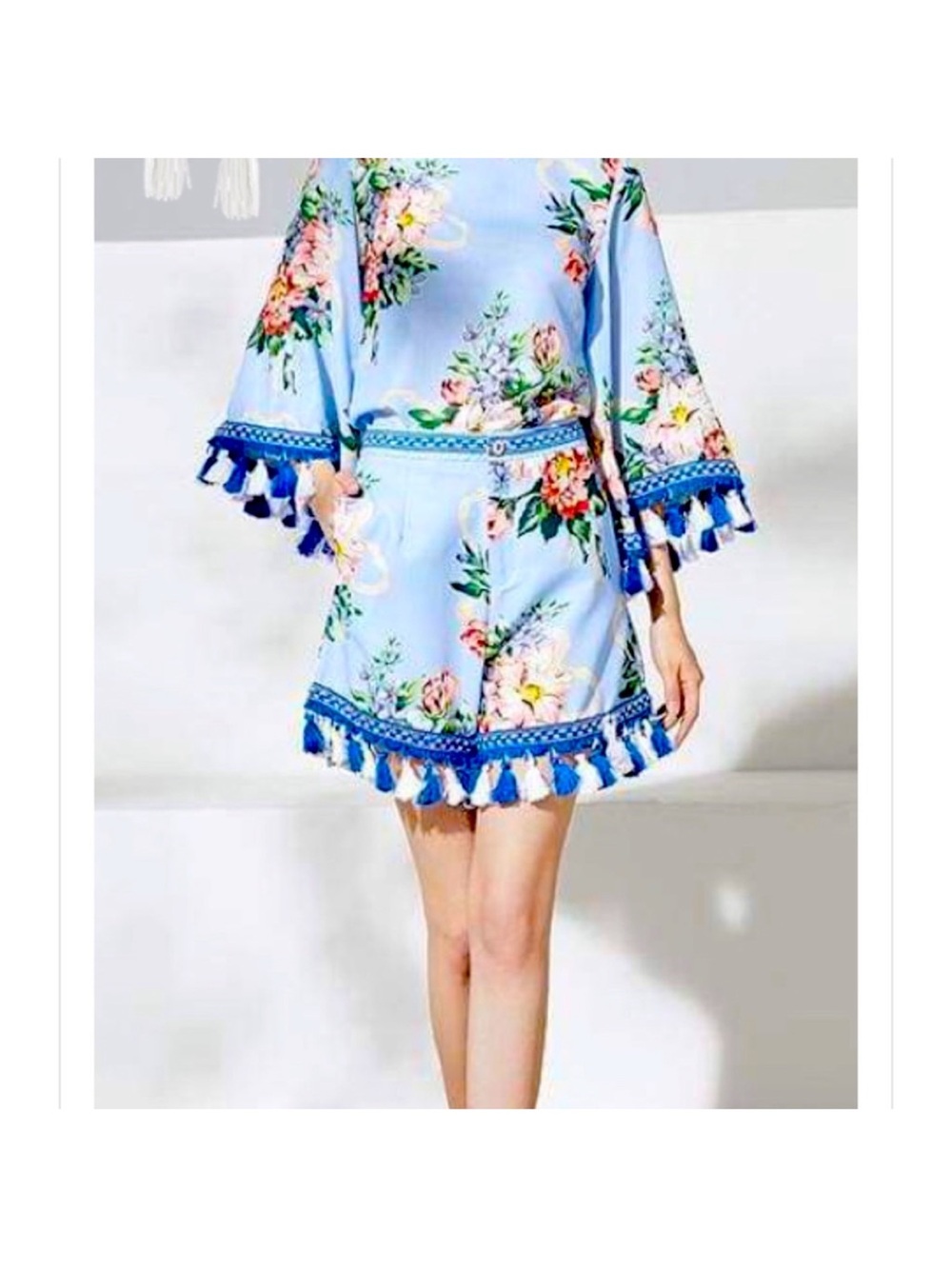 New With Tags Light Blue Floral Tassel-Trim Jumpsuit Size L